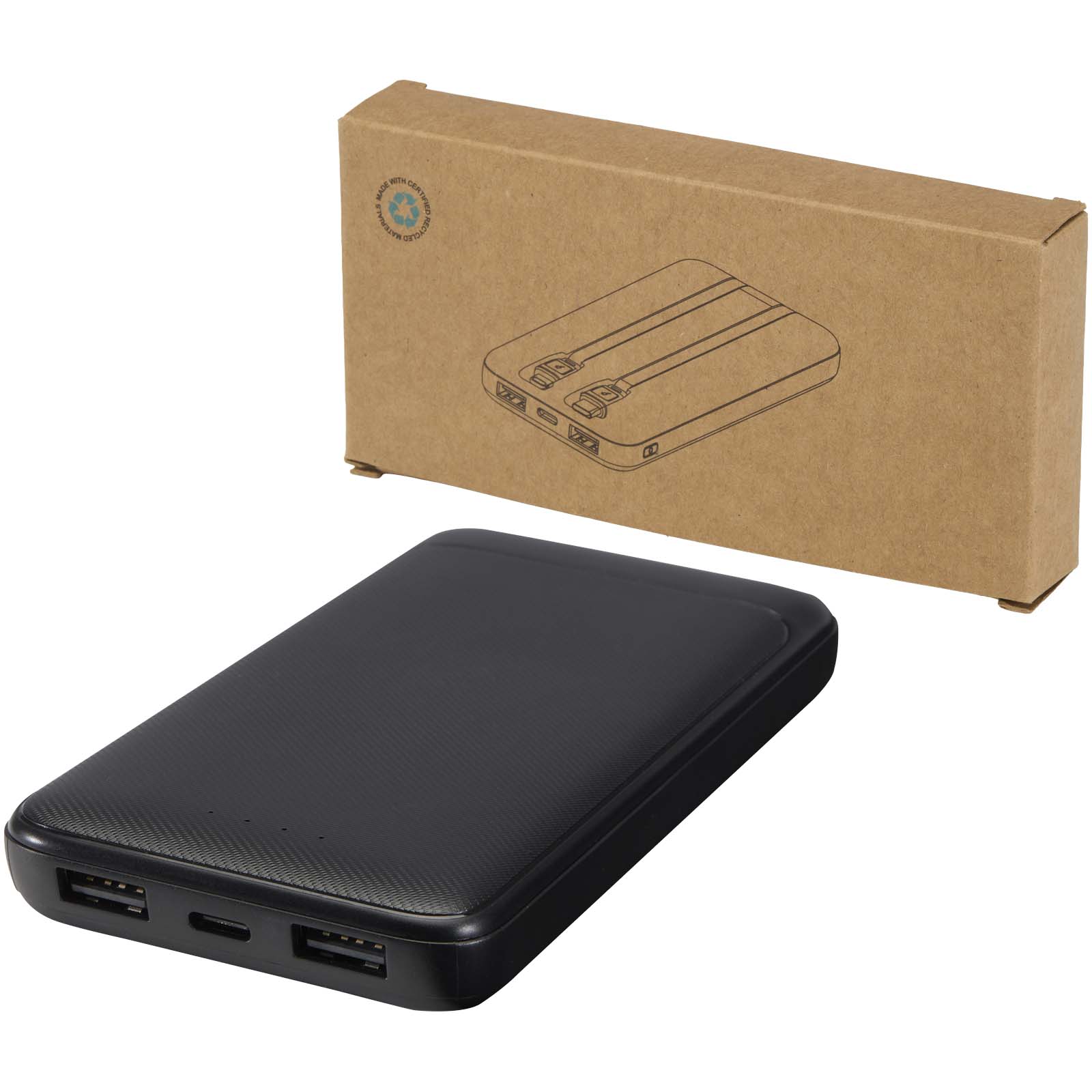 Adhil 10.000 mAh 10W powerbank od reciklirane plastike s 2 ugrađena kabela