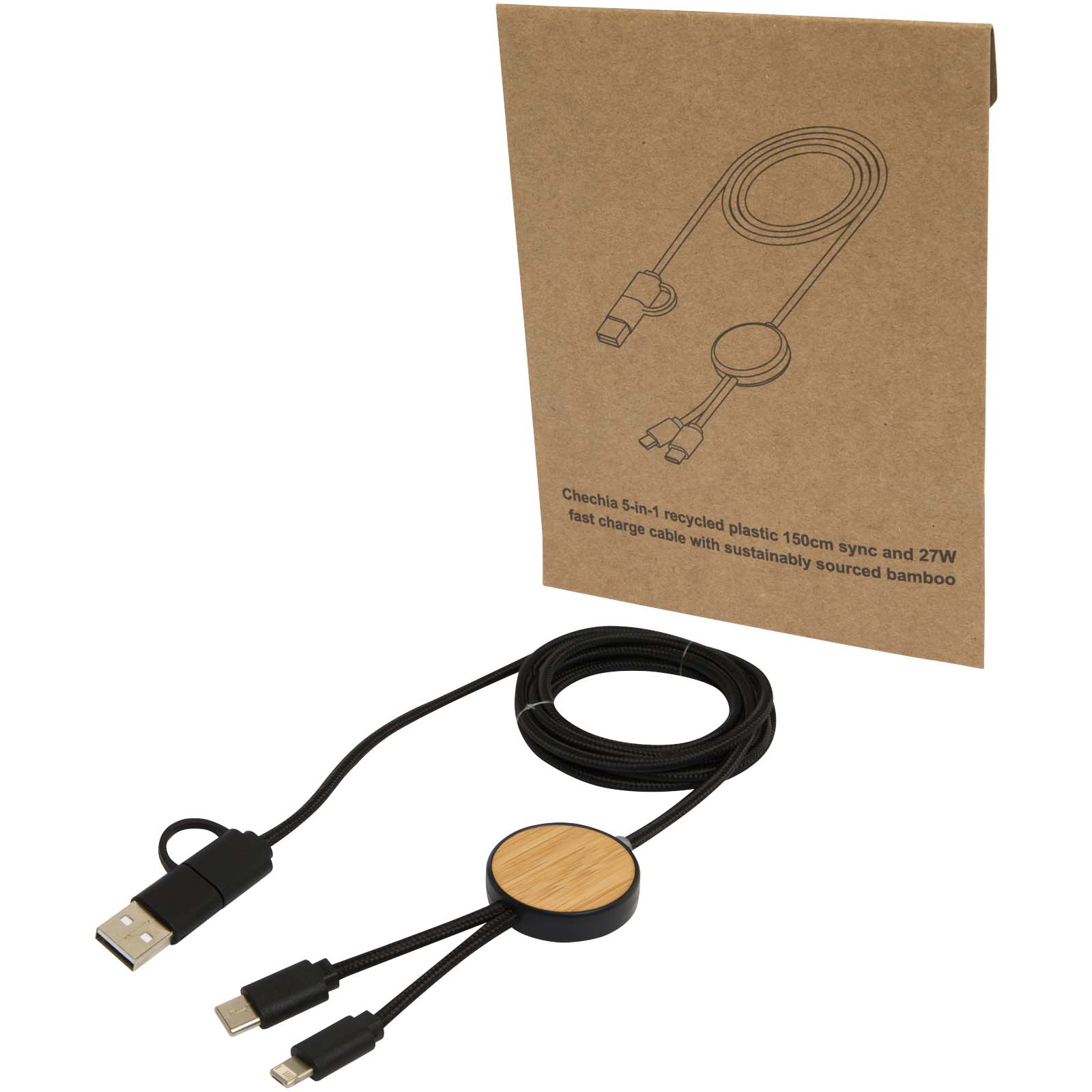 Chechia 5-u-1 kabel od reciklirane plastike s bambusom 150 cm, 27 W
