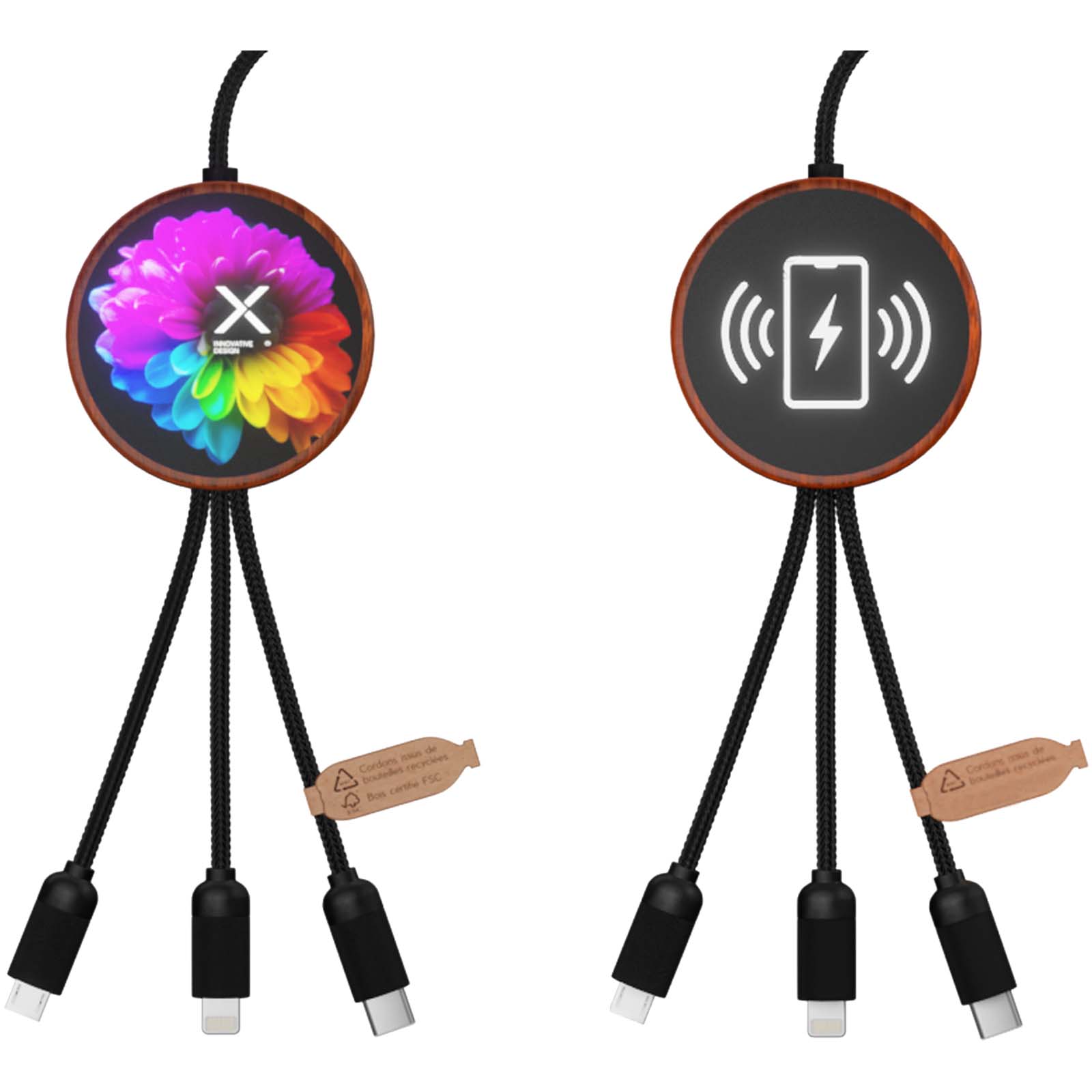 SCX.design C40 5-u-1 rPET kabel sa svijetlećim logom i podlogom za punjenje 10 W