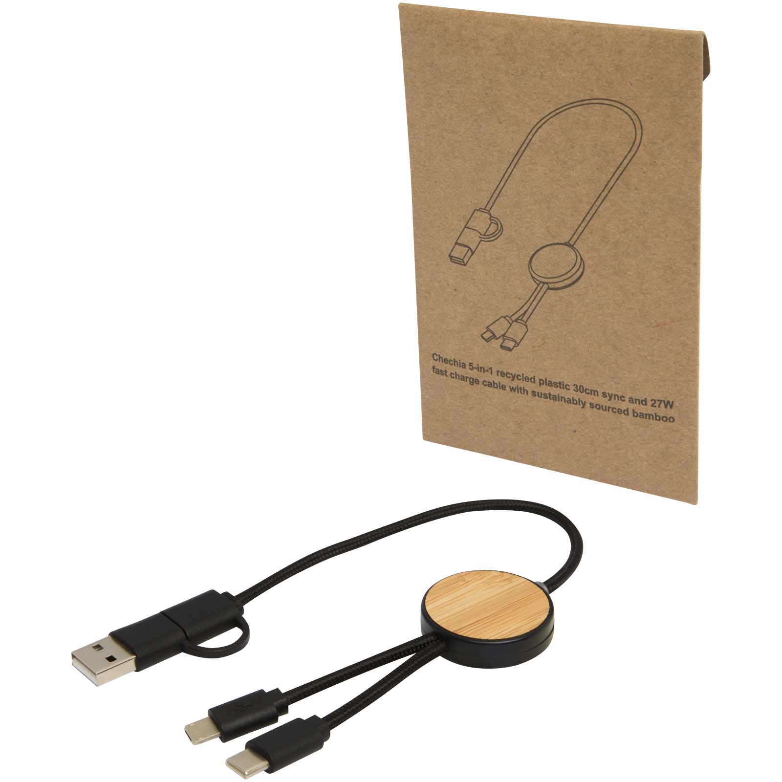 Chechia 5-u-1 kabel od reciklirane plastike za sinkronizaciju podataka i brzo punjenje od 27 W, duljine 30 cm, s bambusovim detaljima