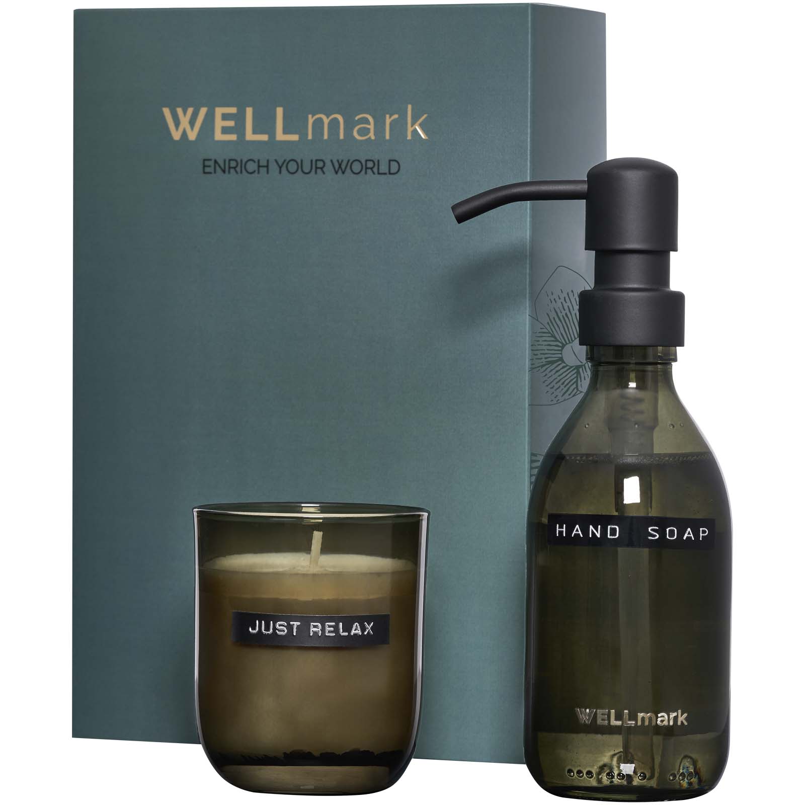 Wellmark Discovery set dozatora tekućeg sapuna 250 ml i mirisne svijeće 150 g