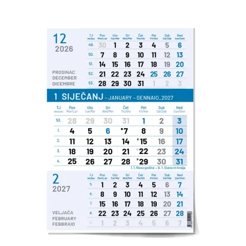 „Poslovni Plavi“ neuvezani B4 trodjelni kalendar, 12 list., PVC vrećica, pokazivač