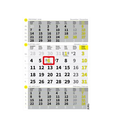 „Poslovni Žuto-Sivi“ neuvezani trodjelni kalendar, 12 list., PVC vrećica