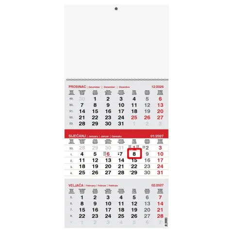 „Poslovni Sivo-Crveni“ trodjelni kalendar, 12 list., PVC vrećica, pokazivač
