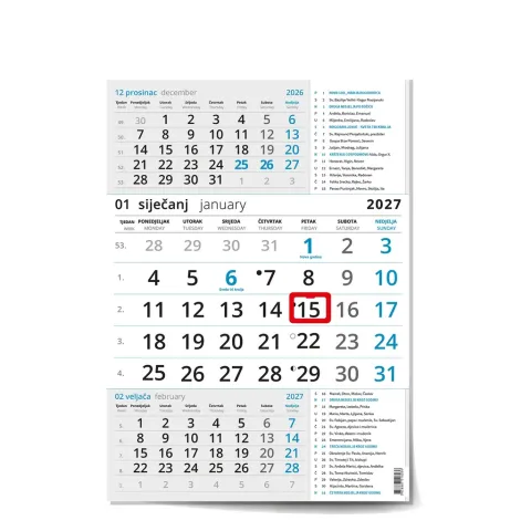 „Poslovni Plavi S Katoličkim Kalendarom“ neuvezani trodjelni kalendar, 12 list., PVC vrećica, pokazivač nz