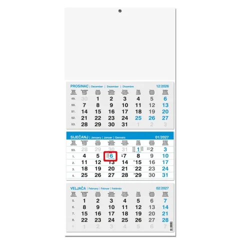 „Poslovni Plavi Iz Tri Dijela“ ljepljeni, trodjelni kalendar, 12 list., PVC vrećica, pokazivač