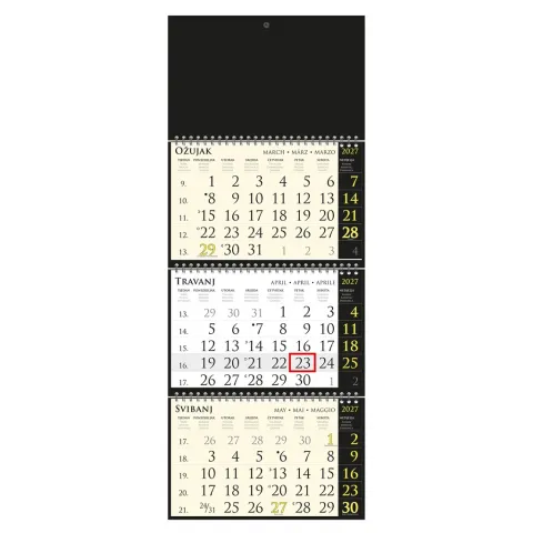 Kalendar trodjelni sirio „Black“ crni, 3 dijela spirala(3x12l) 25x65cm, pokazivač, vrećica