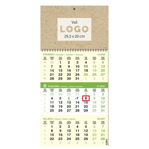 Kalendar trodjelni poslovni eko zeleni, spirala (12 l) 29,5x62 cm, nad. 29,5x20cm, pok, vrećica (reciklirani papir)