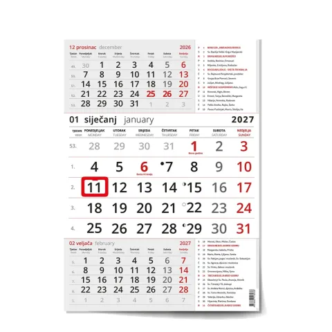 „Poslovni Crveni S Katoličkim Kalendarom“ neuvezani trodjelni kalendar, 12 list., PVC vrećica, pokazivač nz