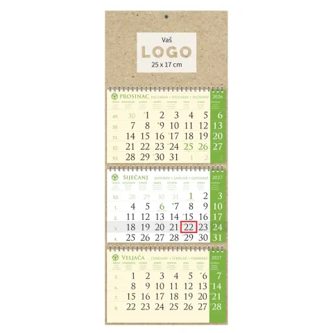Kalendar trodjelni sirio eko zeleni, 3 dijela spirala (3x12 l) 25x65cm, pok, vrećica (reciklirani papir)