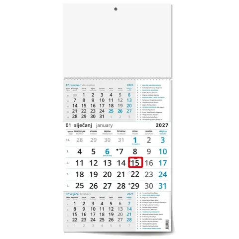 „Poslovni Plavi S Katoličkim Kalendarom“ trodjelni kalendar, 12 list., PVC vrećica, pokazivač