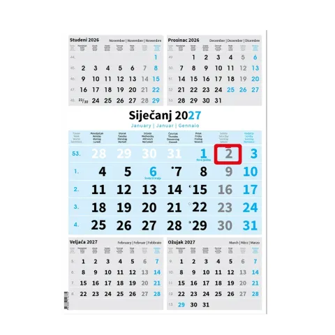 „Poslovni Plavi 5 Mj“ neuvezani trodijelni kalendar, 12 list., PVC vrećica, pokazivač