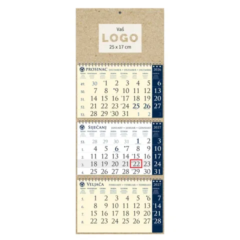 Kalendar trodjelni sirio eko tamno plavi, 3 dijela spirala (3x12 l) 25x65cm, pok, vrećica (reciklirani papir)