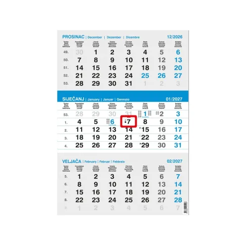 „Poslovni Sivo-Plavi“ neuvezani trodijelni kalendar, 12 lis., PVC vrećica, pokazivač