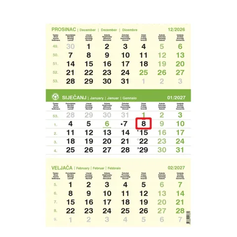 Kalendar trodjelni poslovni eko zeleni, spirala (12 l) 29,5x62 cm, nad. 29,5x20cm, pok, vrećica (reciklirani papir) „Nz“