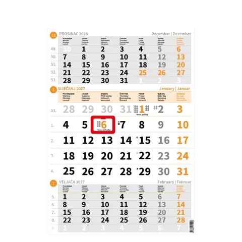 „Poslovni Narančasti“ neuvezani trodjelni kalendar, 12 list., PVC vrećica, pokazivač nz