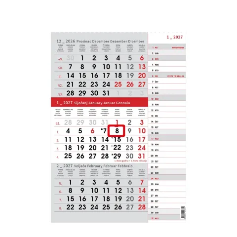„Poslovni Sivo Crveni Planer“ neuvezani trodijelni kalendar, 12 list., PVC vrećica, pokazivač